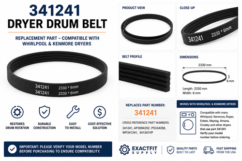 341241 dryer drum belt replacement compatible with Whirlpool and Kenmore dryers