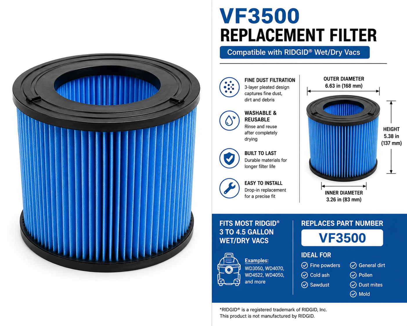 VF3500 replacement filter compatible with RIDGID wet dry vacuums