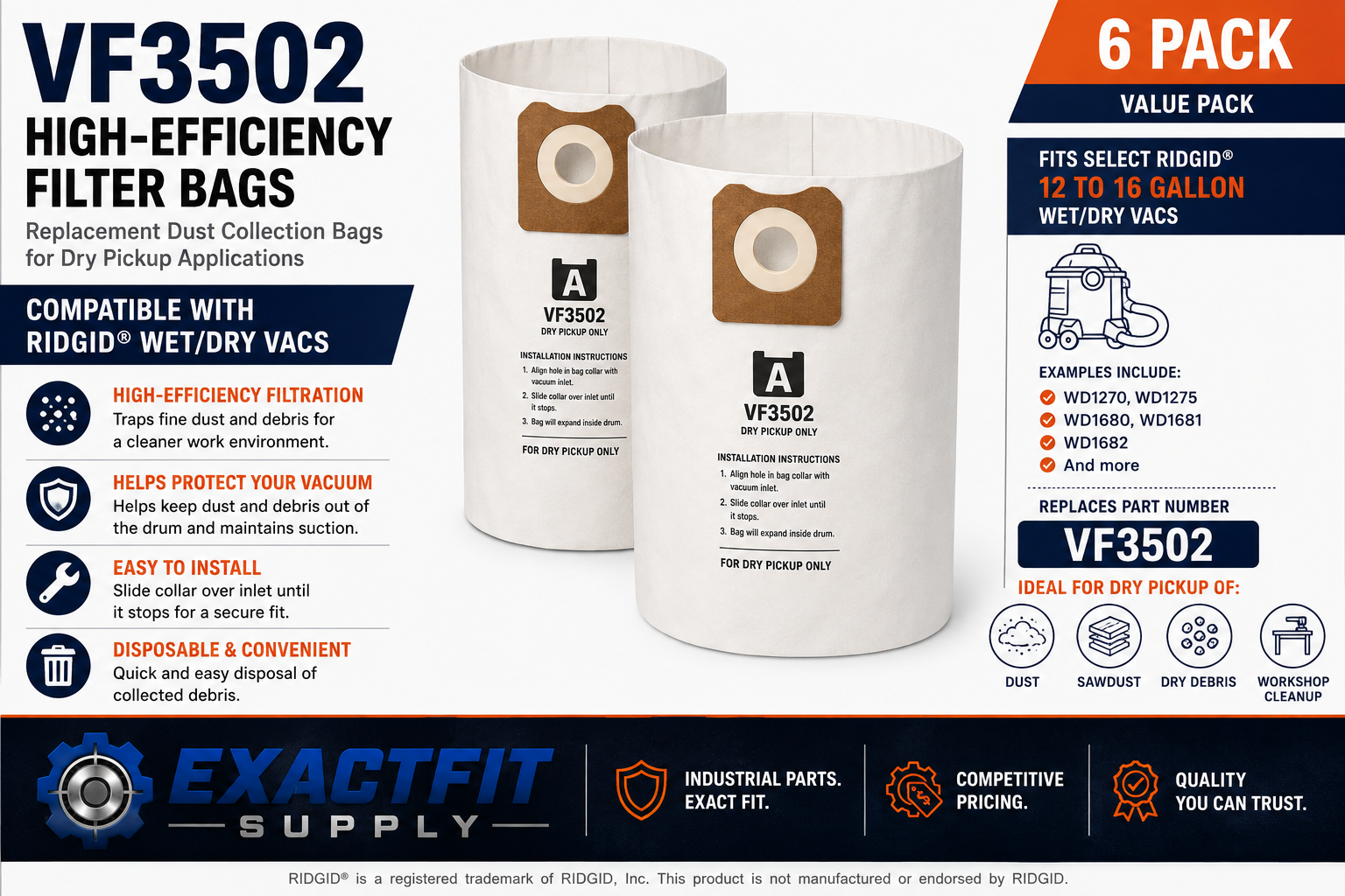 VF3502 high-efficiency dust collection bags for compatible RIDGID wet dry vacuums