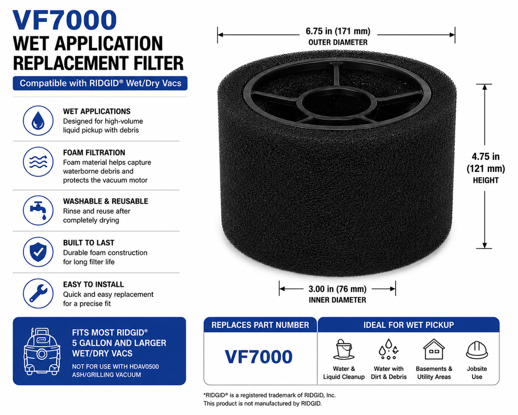 VF7000 wet application replacement filter compatible with RIDGID wet dry vacs
