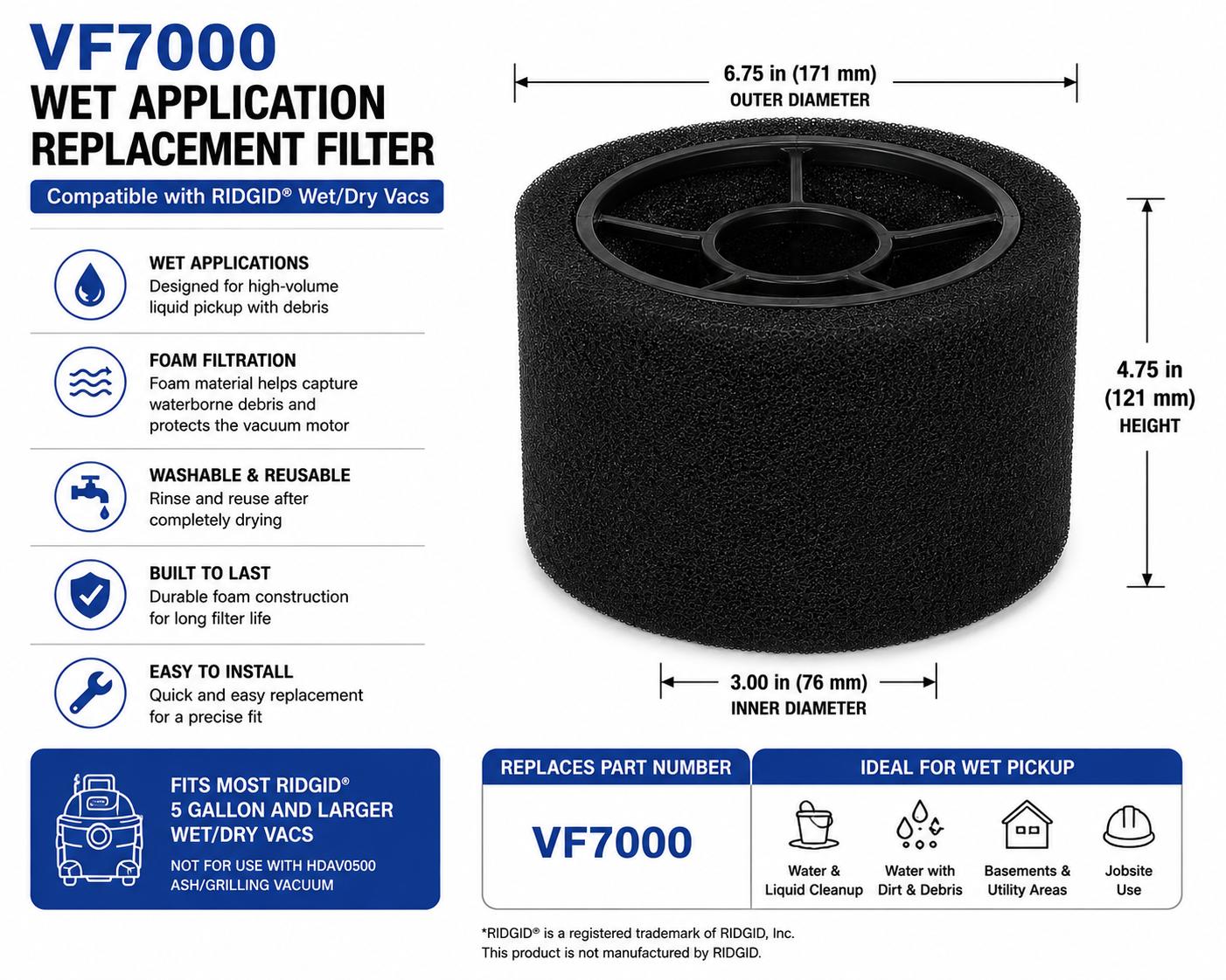 VF7000 wet application replacement filter compatible with RIDGID wet dry vacs