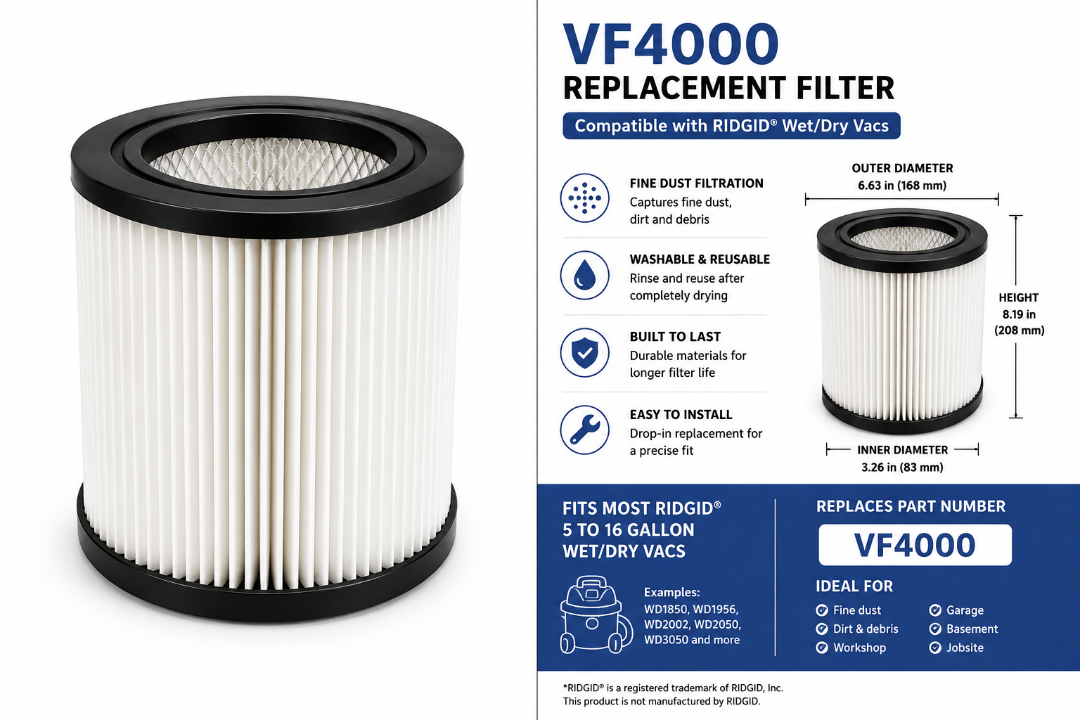 Replacement Filter for RIDGID® VF4000 Wet/Dry Vacs
